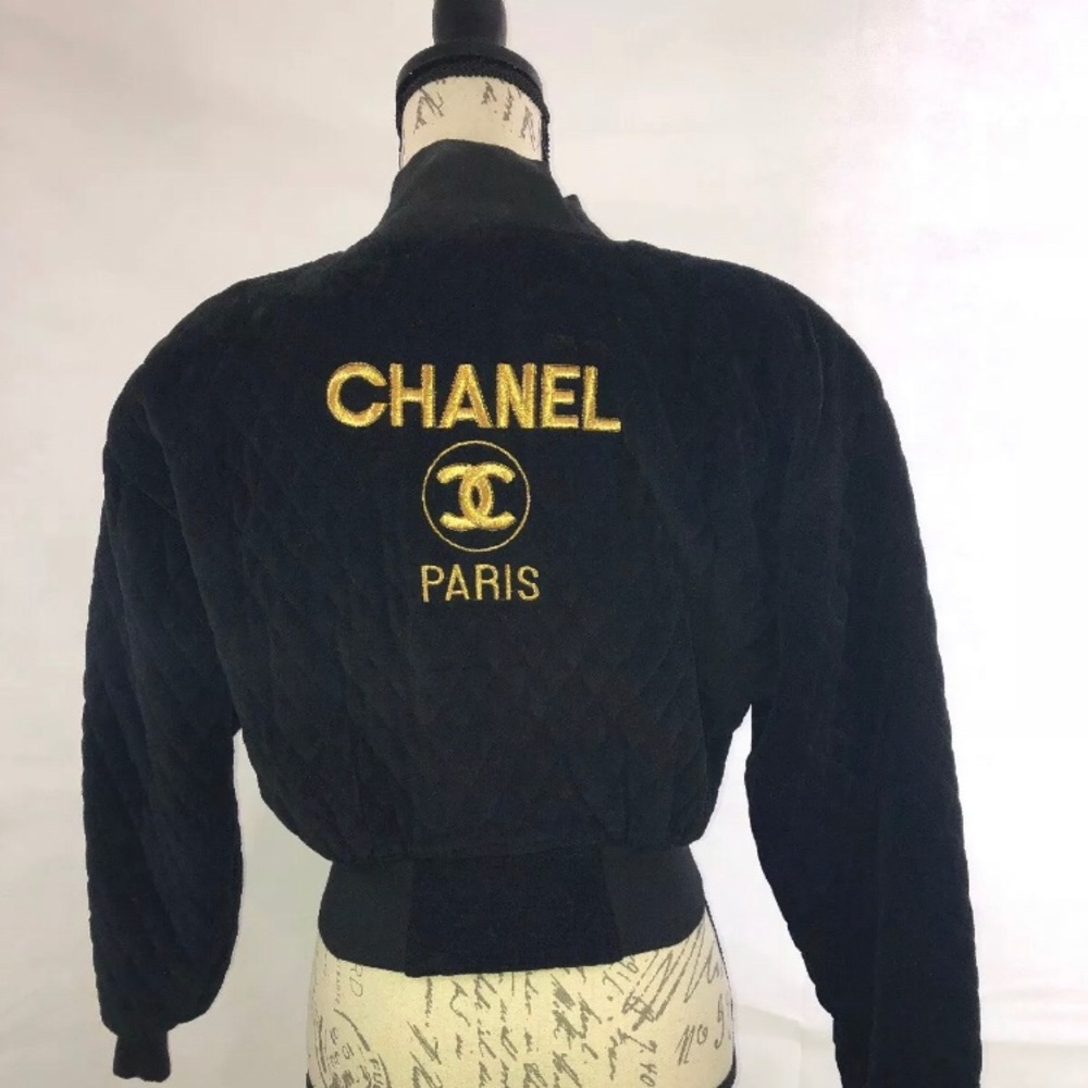 “Chanel” logo quilted velvet bolero jacket black